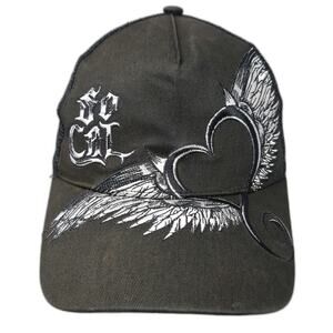 So Cal No Fear Trucker Hat Black Winged Heart Embroidered Gothic Vintage